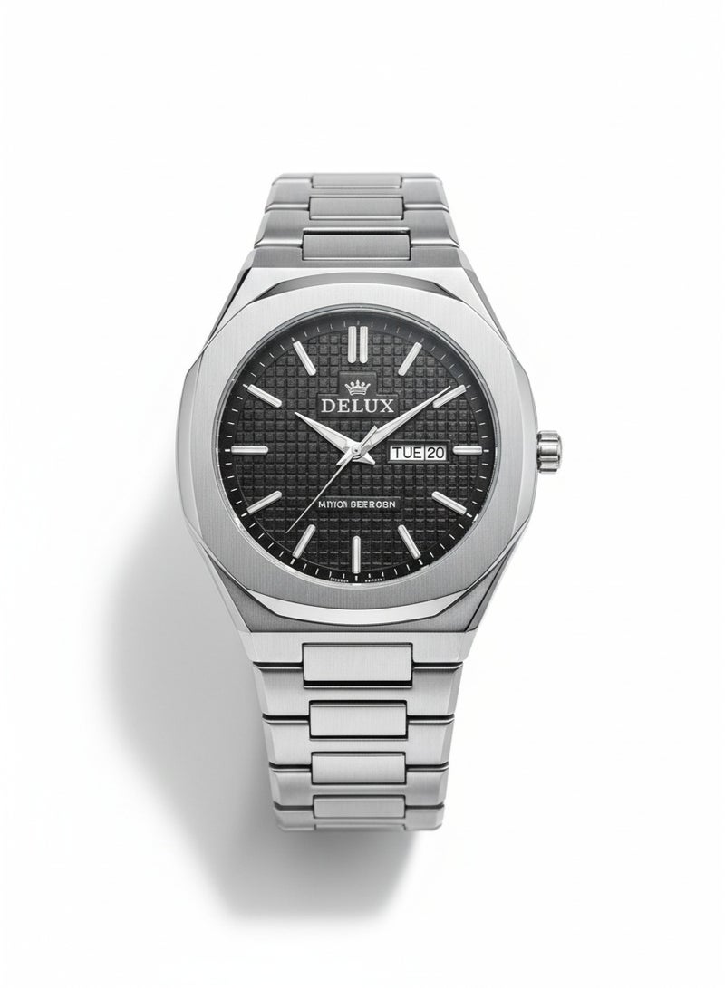 ديلوكس ساعة ديلوكس رجالية كوارتز من الفولاذ المقاوم للصدأ مع مينا أسود مزخرف وعرض التاريخ واليوم - Image 3